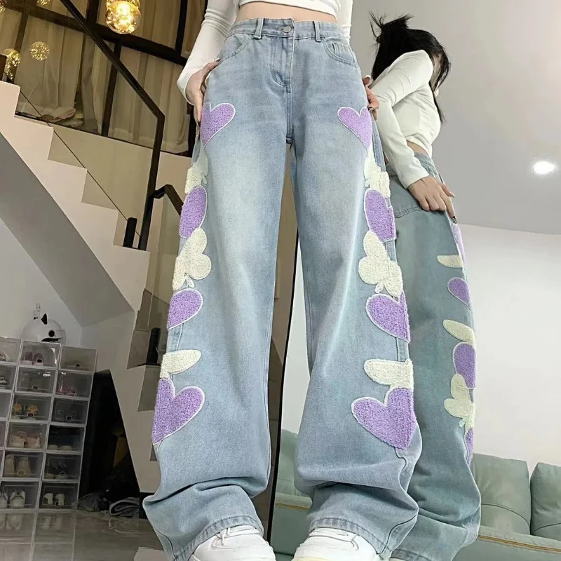 Jean à jambes larges brodé papillon pour femmes, pantalon de nettoyage au sol, taille haute, ample, amincissant, jambes droites, Style automne-hiver