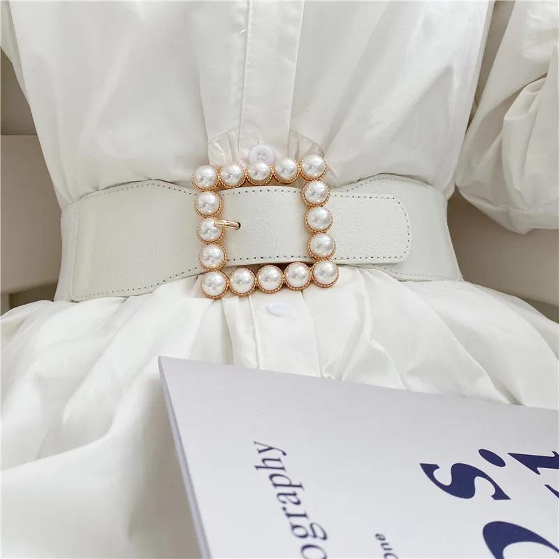 Fashion Waistbands For Women Solid Stretch Wide Cummerbunds Wedding Dress Adornment Lady Pearl Gold Pin Buckle Belts Dress Gifts