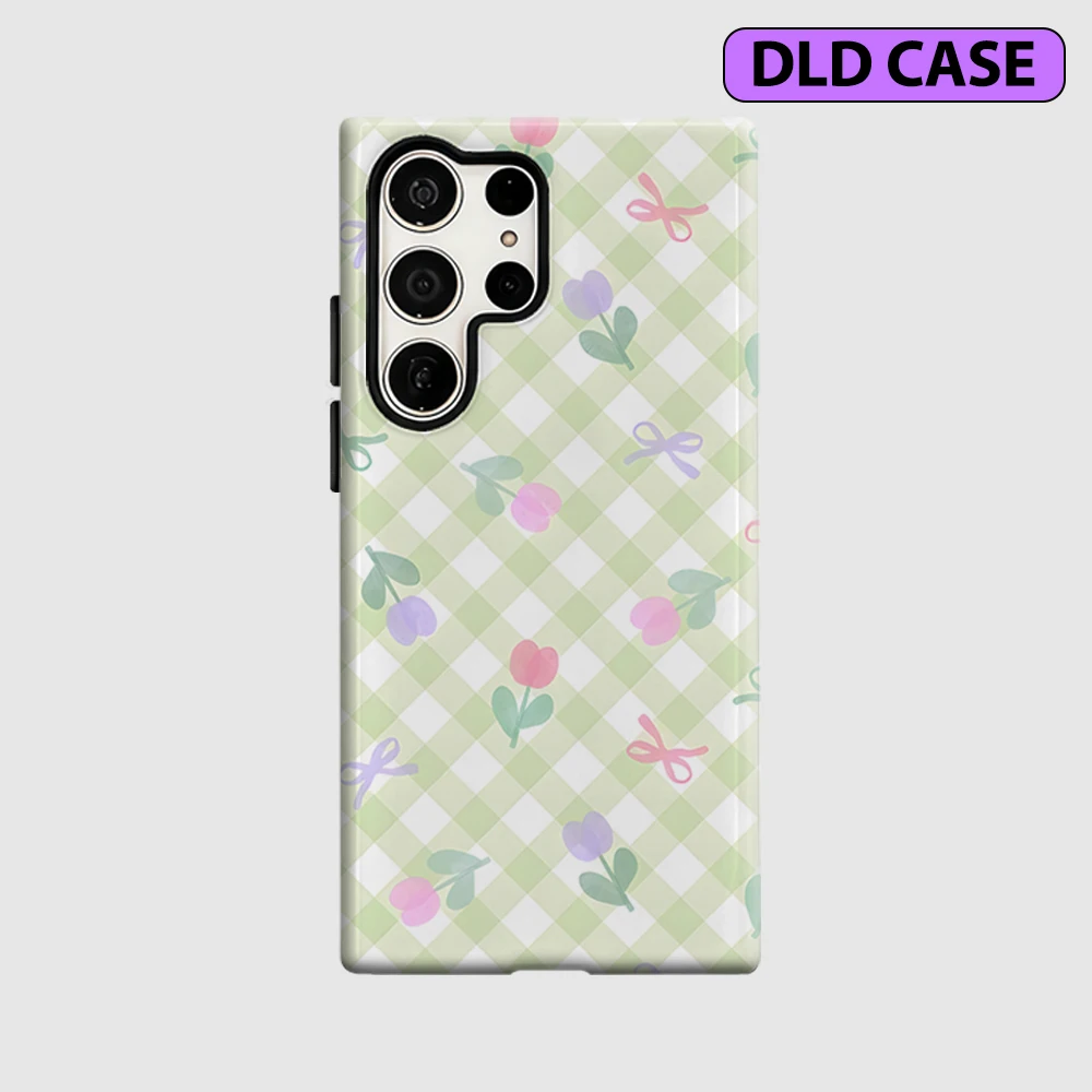 Pastel Tulip Gingham Phone Case for Samsung Galaxy S26 S25 Ultra S24 S23 Ultra Plus Shockproof Double Layer Tough Back Cover
