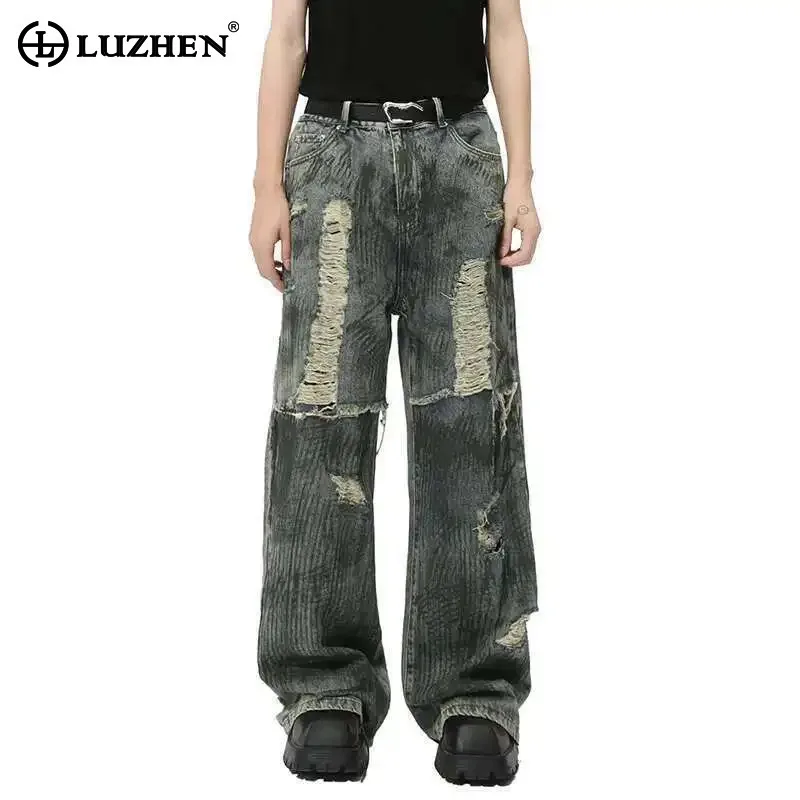 

LUZHEN High Clothing Street Trendy Men's Personality Original Jeans Broken Hole Patched Design Wornout Scrawl Denim Pants JY4317