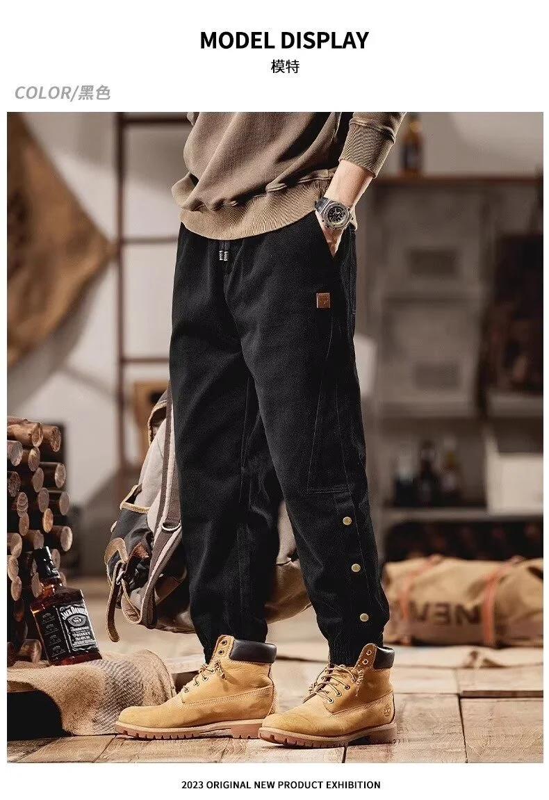 Herren-Arbeitshosen, einfarbige, vielseitige Freizeithosen, lockere, bequeme Hosen, trendige Herrenhosen mit mittlerer Bundhöhe und seitlichem Kordelzug. – Detail 8