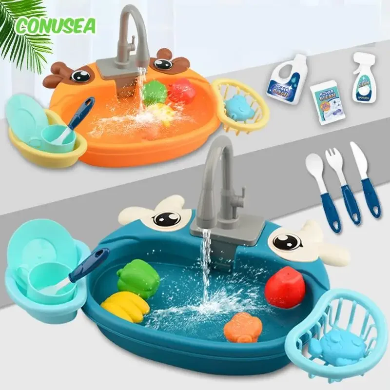 Giocattoli da cucina per bambini Tavolo per lavare i piatti in miniatura Riciclaggio dell'acqua Lavello elettrico Giocattoli di plastica per ragazze Ragazzi Regali di compleanno