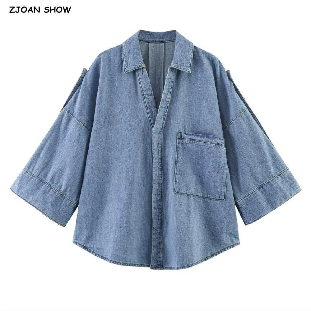 New Spring Autumn Light Blue Lapel V Collar Denim Shirt For Women Single Pocket Flare Sleeve Loose Blouses Femme Tops