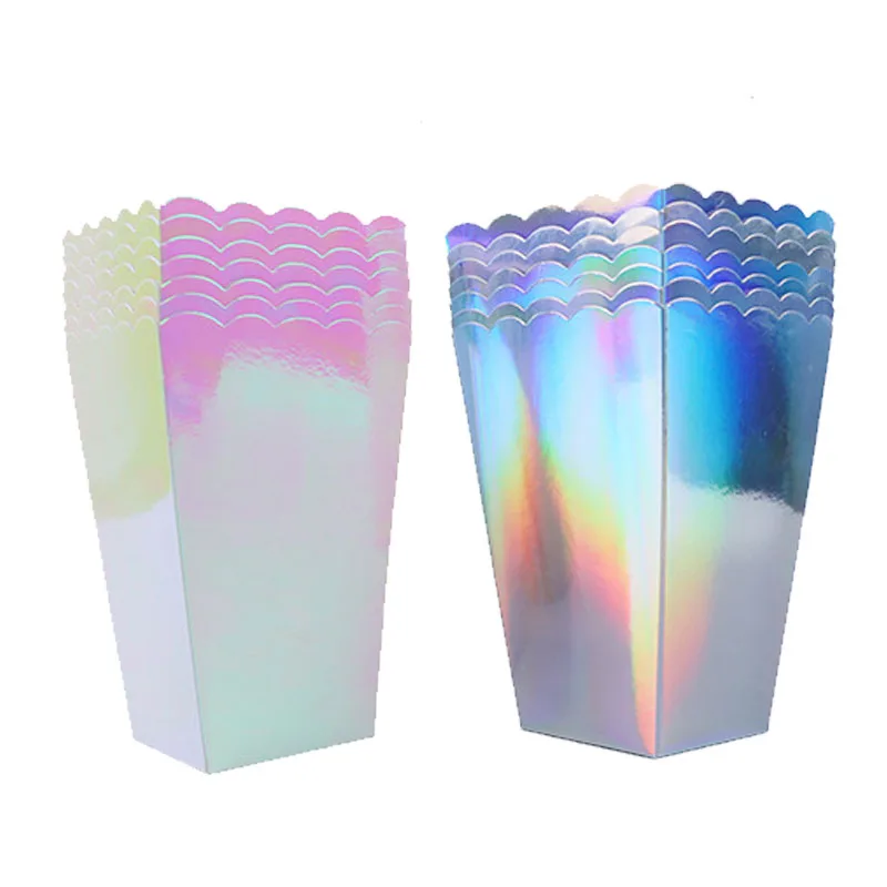 Popcorn Box Gradient Pink Silver Popcorn Box Laser Rainbow  Paper Popcorn Container for Mermaid Disco Birthday Party Weddin