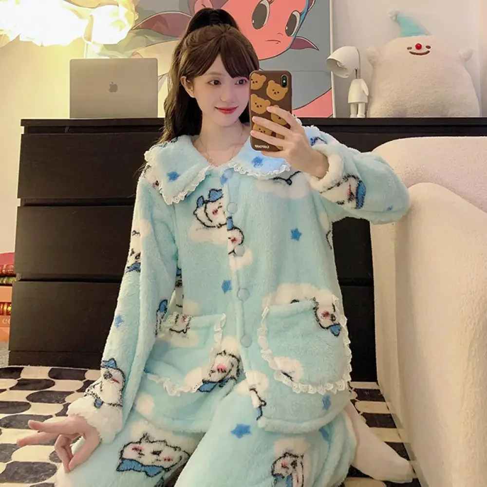 Anime Usagi Hachiware Chiikawa Cute Pajamas Suit Kawaii Cartoon Women Thickened Plush Blue Winter Coral Velvet Home Clothes