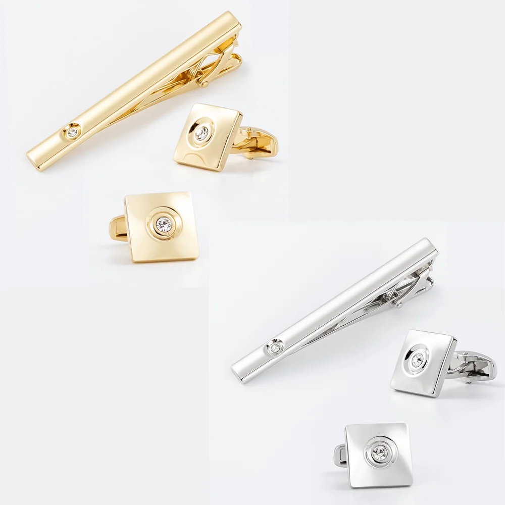 Gold Plated Single Crystal Square Tie Clip & Cufflinks Set Men Wedding Business Jewelry Two Colors Available