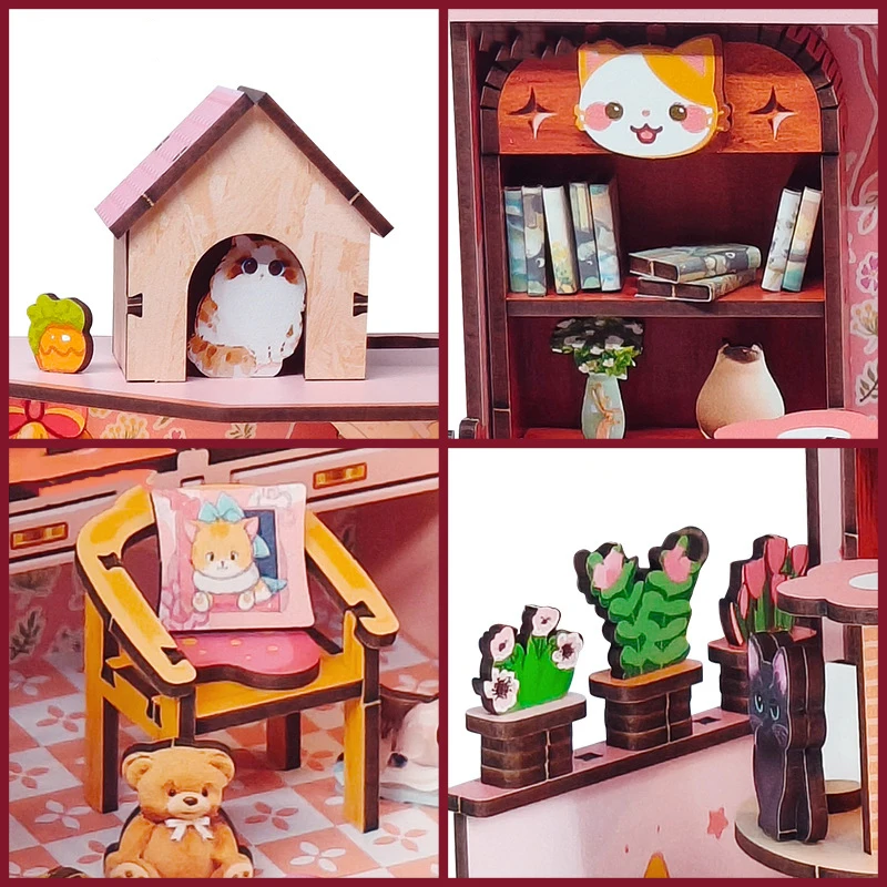 Diy kits de construção em miniatura de madeira casa de gato casas de boneca com móveis casas de bonecas para amigos presentes de aniversário