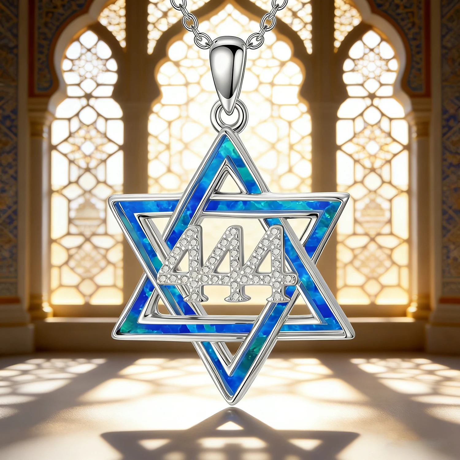 444 Angel Number Star of David Pendant Spiritual Protection Jewelry,Blue Opal Inlay,Cubic Zirconia,Men & Women’s Faith Necklace view 4