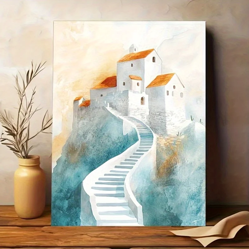 1pc High Quality Canvas Poster Suitable for All Festivals Orange Roof And Stairs Leading Suitable for Room Decoration