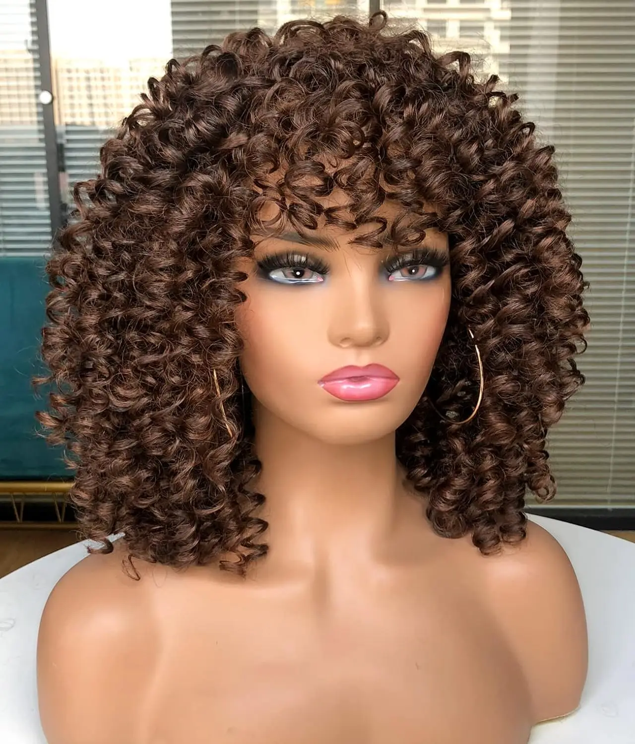 Short Curly Synthetic Wigs for Black Women with Bangs Afro Short Kinky Curly Big Bouncy Hair Wig14 inch