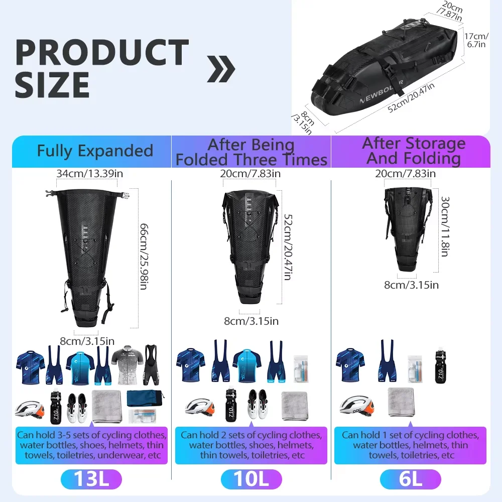 NEWBOLER Carbon Grain Bicycles Saddle Tail Bag Stabilizer Bracket Water Waterproof 13L Large Capacity Foldable Bike Bag