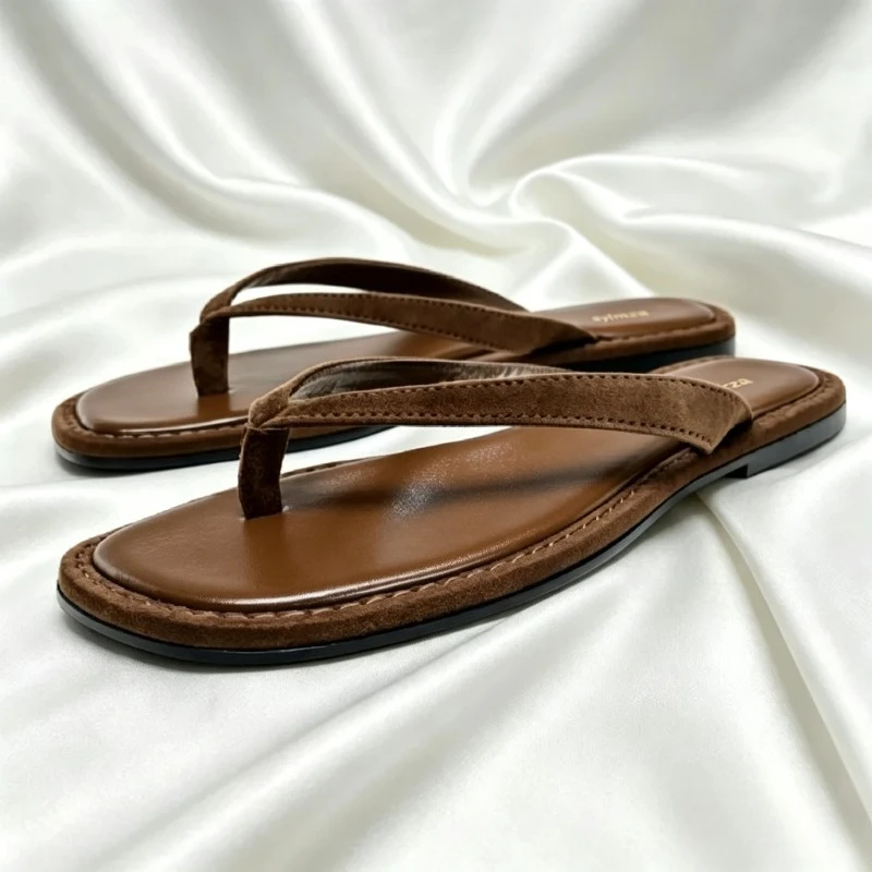 High-quality Split Suede Flat Sandals for Women Fashion Round-toe Clip Toe Sandals Street-style Light Comfortable Women Shoes