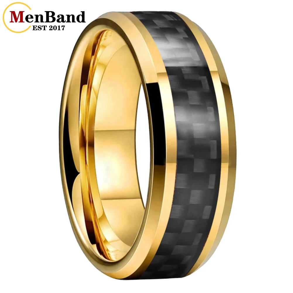 

MenBand Fashion 8mm Tungsten Carbide Rings for Men Women Wedding Band Black Carbon Fiber Inlay Beveled Polishing Comfort Fit