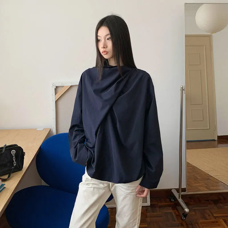 EAEOVNI moda bufanda cuello mujer blusa Color sólido pliegues diseño camisa de manga larga Casual 2025 nueva ropa femenina 1A1647