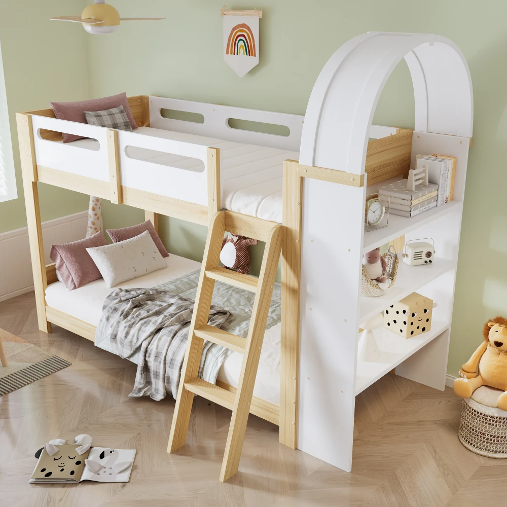 Kinder-Etagenbett mit 3-stufigem Regal, 3-stufiger Leiter und Sicherheitsgitter – stabile Lattenrostkonstruktion, geeignet für Kinderzimmer (ohne Matratze). – Detail 6