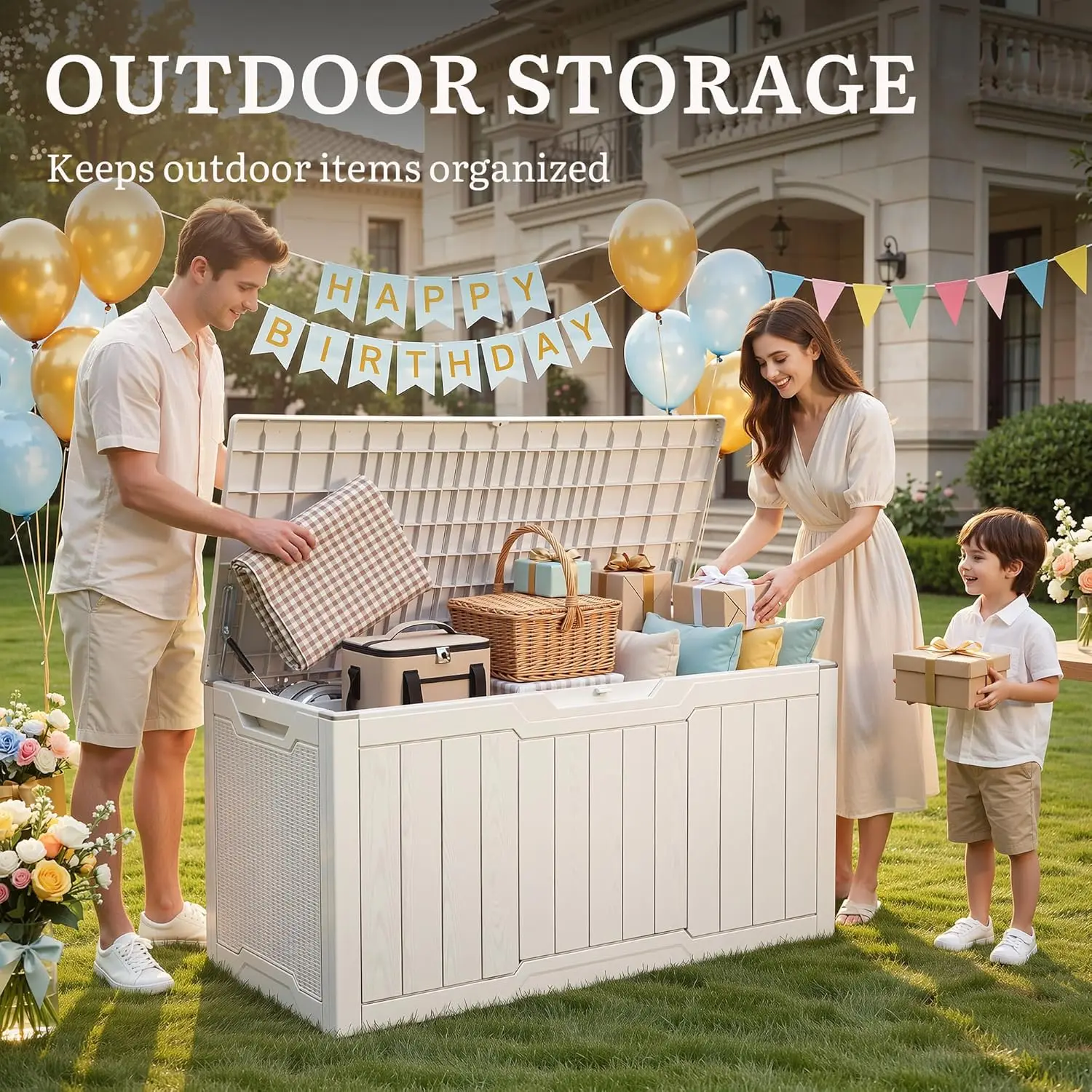 100 Gallon Large Outdoor Deck Box, Lockable Storage Container for Patio Cushions, Garden Tools, Pool Accessories, White