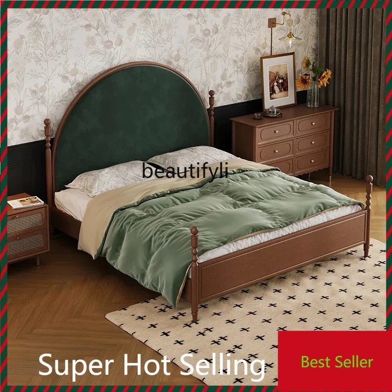 

QQ132 Mid-Ancient French Style Solid Wood Double Bed Modern Minimalist Master Bedroom Light Luxury Soft Bag round Head Bed