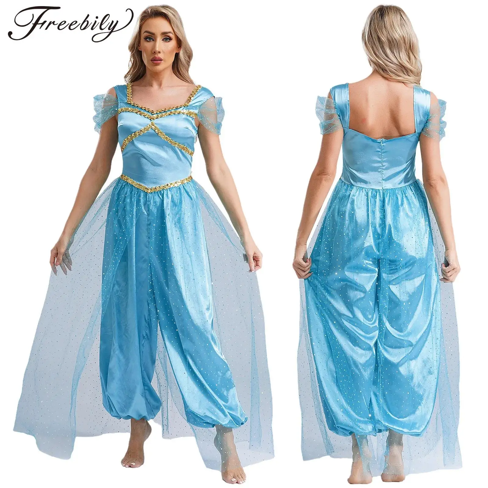 

Women Halloween Arabian Princess Circus Cosplay Costume Sequin Pumpkin Pants with Tulle Overlay Bodysuit Belly Dance Jumpsuit