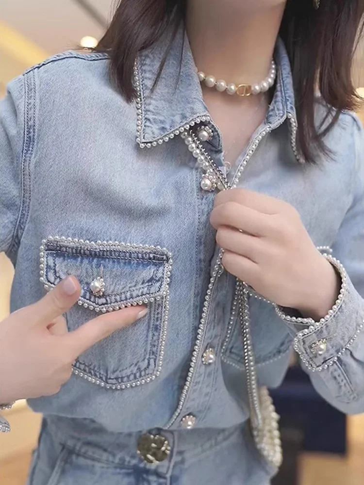 Spring Pearls Beaded Denim Shirts Lapel Single Breasted Diamonds Beading Jeans Blouses Double Pockets Cowboy Cardigan Crop Tops