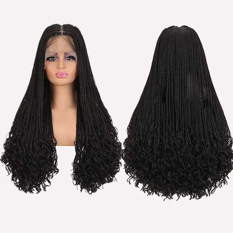 New African Black 28-inch Braided Wig Front Lace Wig Chemical Fiber Double Braid Three Braid Headgear