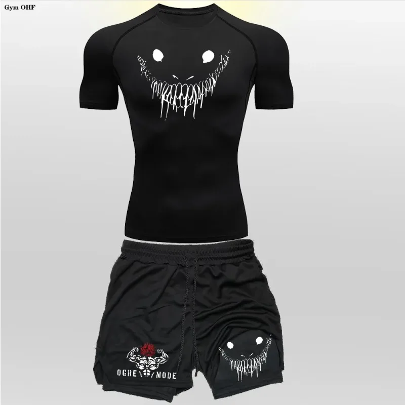 

Fashionable anime funny face print fitness loose breathable skin-friendly tight T-shirt double-layer drawstring shorts set