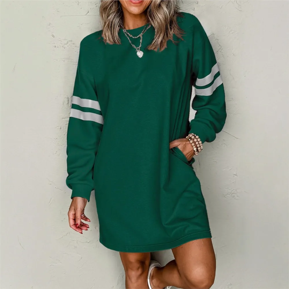 2025new Autumn Striped Color-blocking Off-shoulder Vestidos Pullover Casual Loose Versatile Round Neck Dress Simple Style Trendy