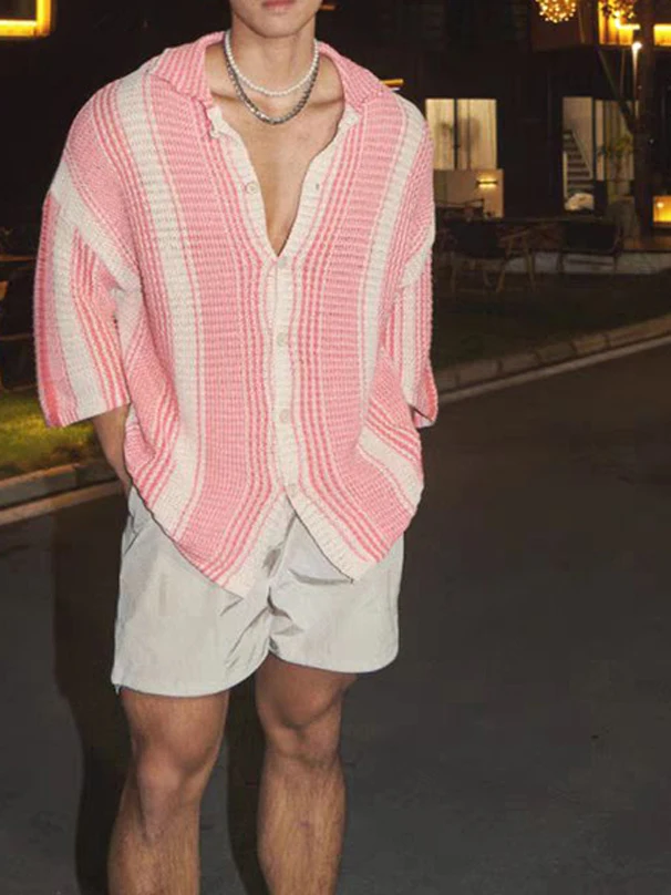 

Вязаный свободный мужской вязаный кардиган из ледяного шелка, легкая дышащая верхняя одежда в полоску с рисунком на осень