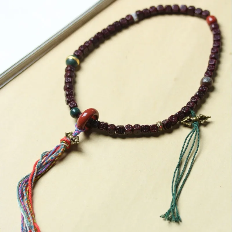 Premium Bodhi Red Moon Exquisite Dice Double-Strand Bracelet With Thread And Tibetan Silver Clasp