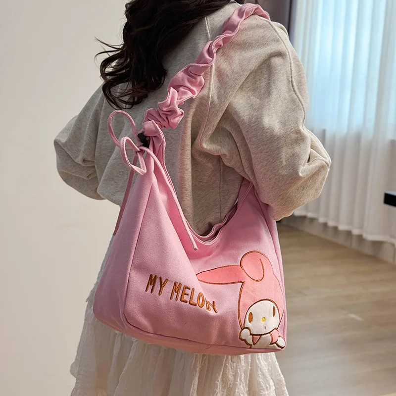 

NEW Sanrio Kuromi My Melody Messenger Bag Commute Versatile Female Fold Retro Tote Bag High-capacity Leisure Shoulder Canvas