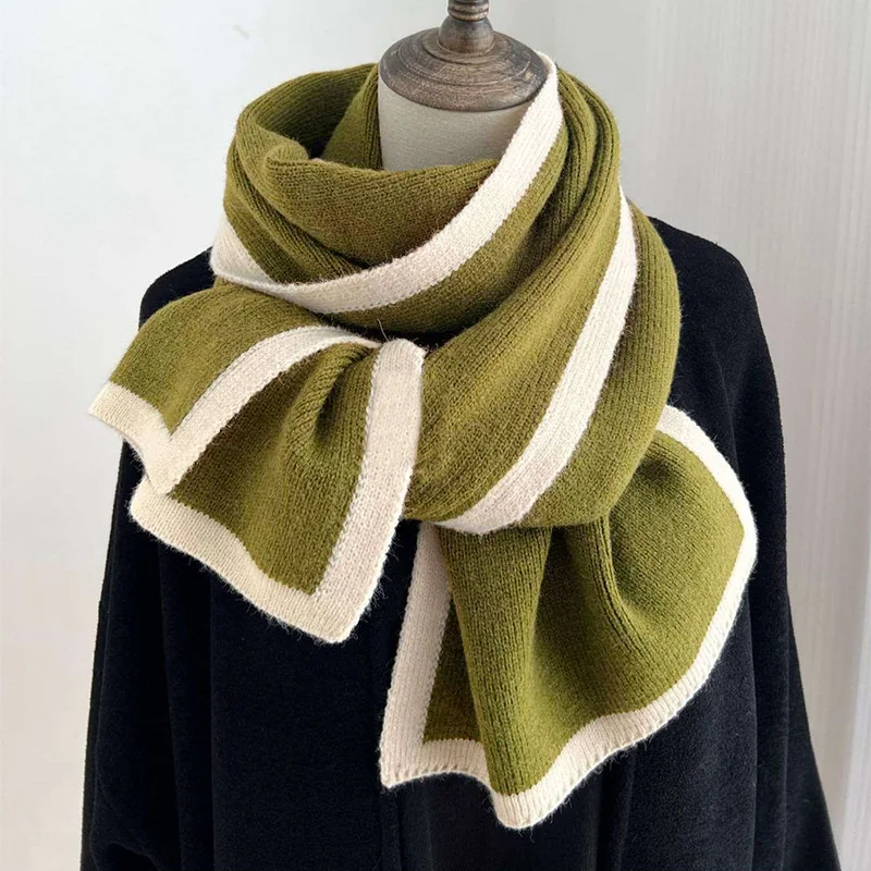 Knitted Woolen Scarf Black White Color Block Border Design Winter Protective Versatile Neckwear for Men and Women