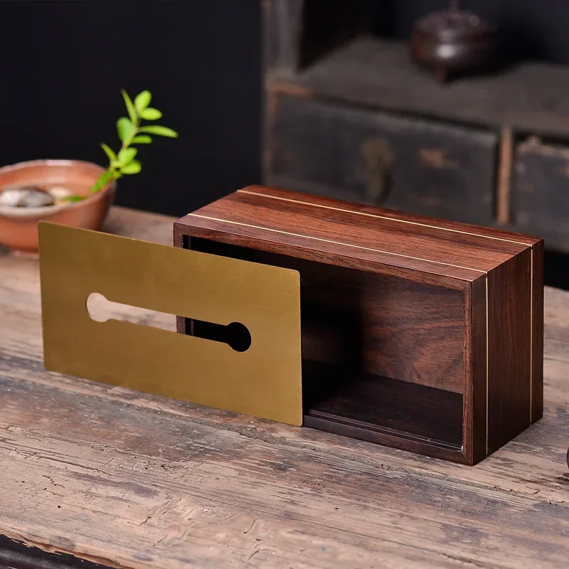 황동 상감 내장 흑단 티슈 박스, 단단한 나무, 오리지널 중국 스타일 보관함, 고급 레트로 장식 홈 액세서리