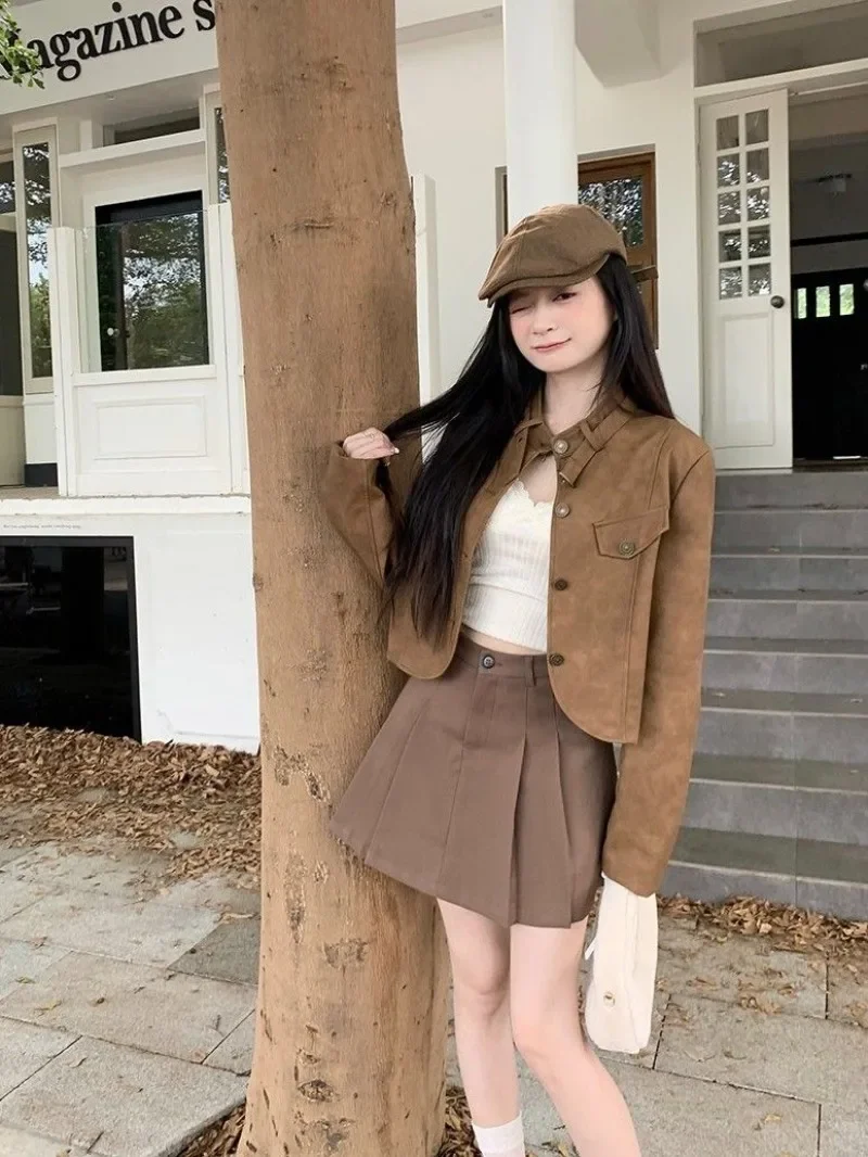 

Shpmishal Maillard Retro Harbor Style Short Style Slim Brown Leather Jacket for Women's Motorcycle Coat Top Female Clothing