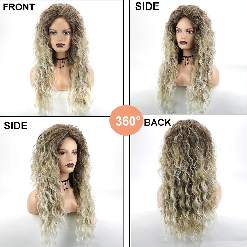 Long Curly Hair Wig Ash Blonde Ombre Wavy Wig for Women Natural Fluffy Layered Synthetic Hair Wig Party Cosplay Daily Use