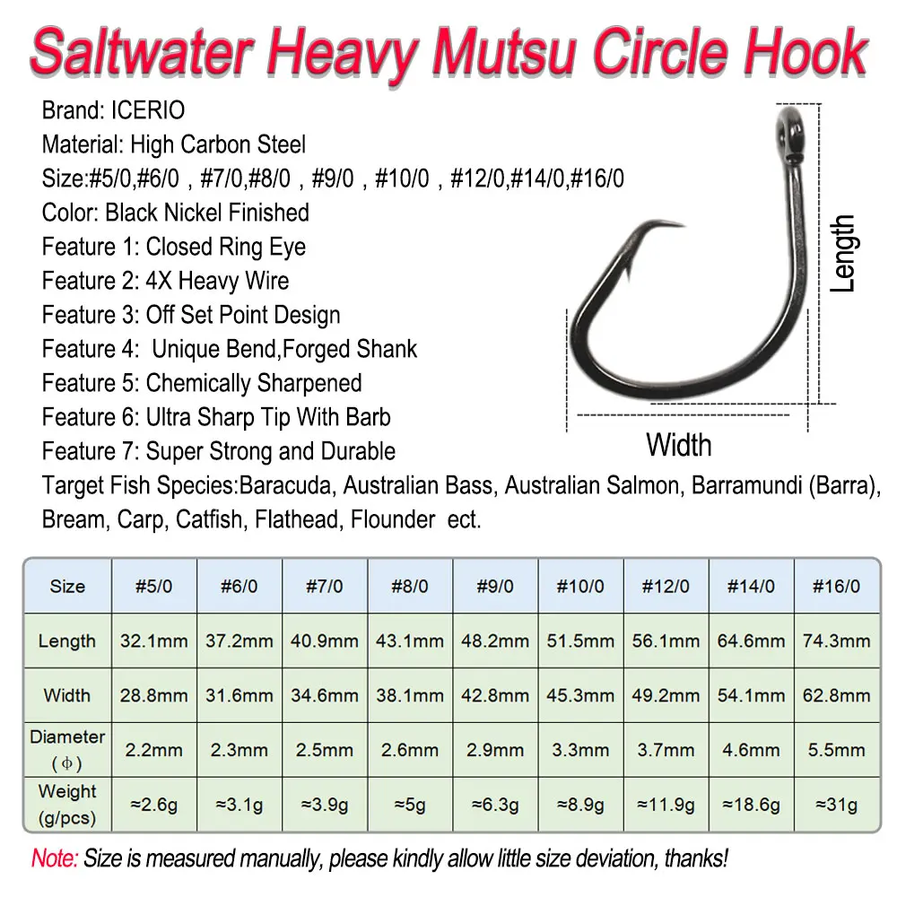 ICERIO #5/0~16/0  Saltwater Fishing Heavy Mutsu Circle Hook 4x Strong Off Set Point Hook For Fishing Salmon Bass Tune Baracuda