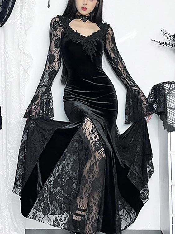 

Bla Lace Mermaid Skirt Dr Long Sve Par Dr Gothic Sle loween Dr High Waist Slim Fit V Ne Polyester Fiber