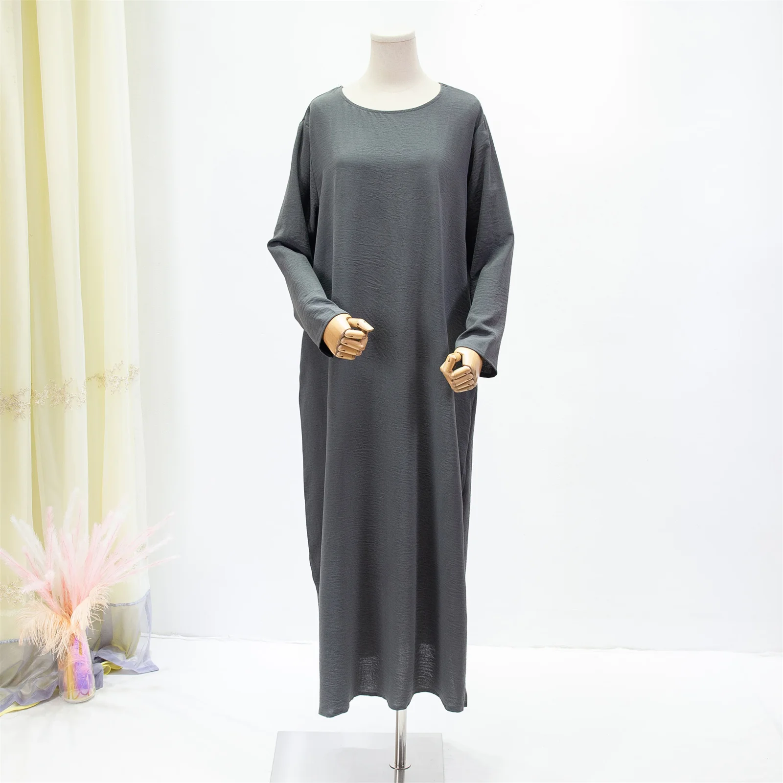 Women Long Dresses Muslim Ramadan Loose Maxi Dress Solid Crew Neck ,Elegant Long Sleeve Muslim Abaya ,Women\'s Clothing