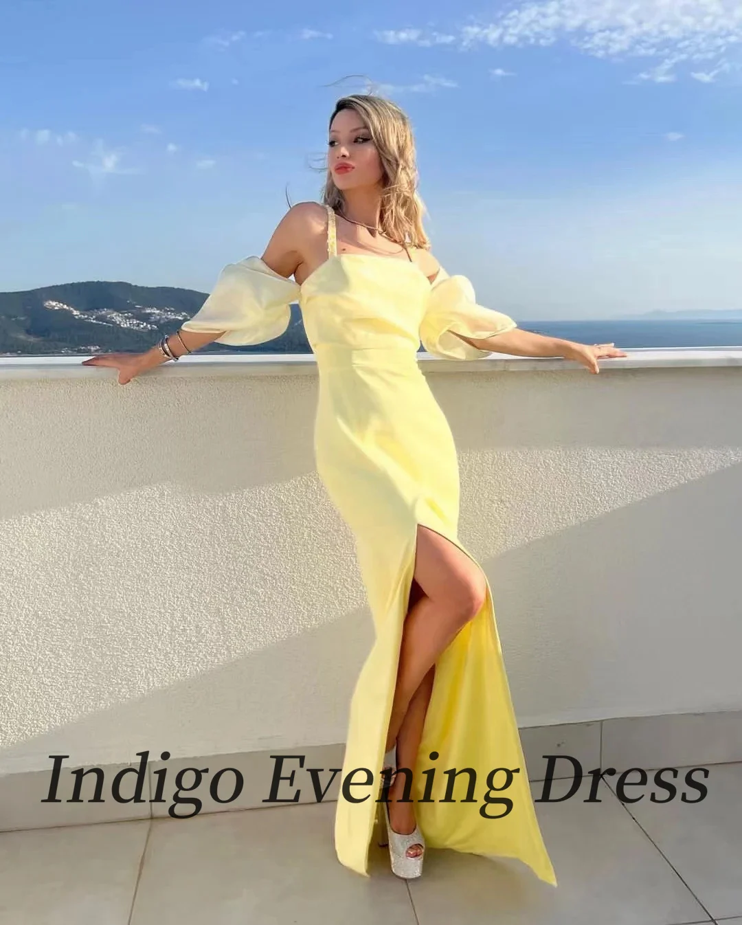 Indigo vestidos de noite 2025 frisado espaguete fora do ombro fenda lateral feminino elegante formal vestido de festa robe de soiree personalizado