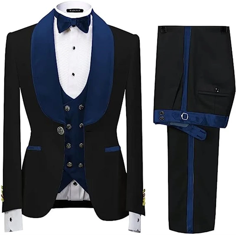 Iovry-Fato Jacquard de veludo azul royal masculino, smoking noivo, blazer, colete, calças, ternos masculinos, casamento, elegante, inverno, outono, 3 peças