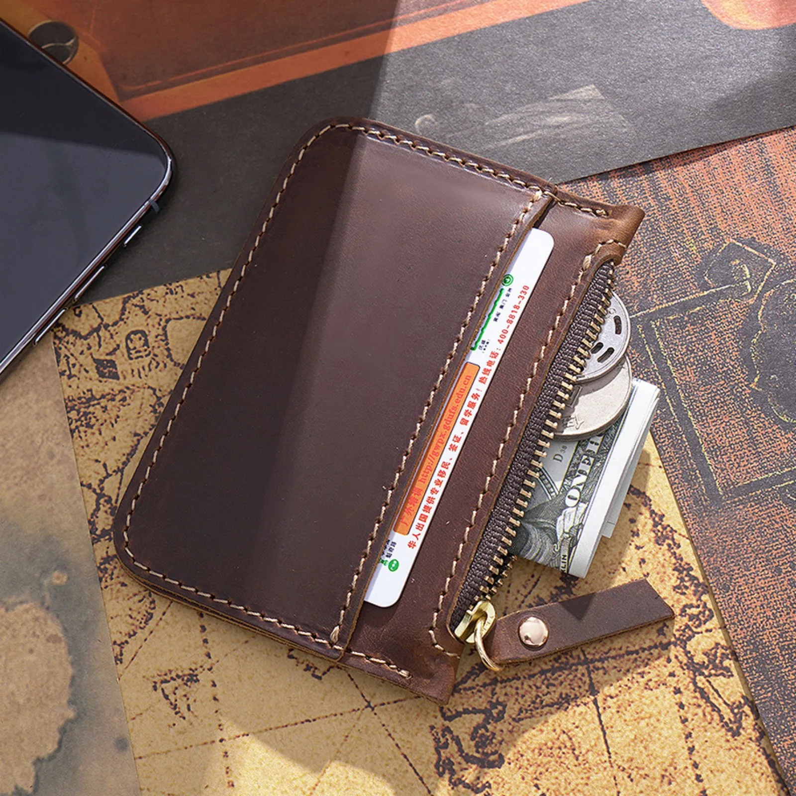 Leather Small Coin Purse, Retro Leather Minimalist Men's Front Pocket Wallet Card Holder, Retro Zipper Bag for Women