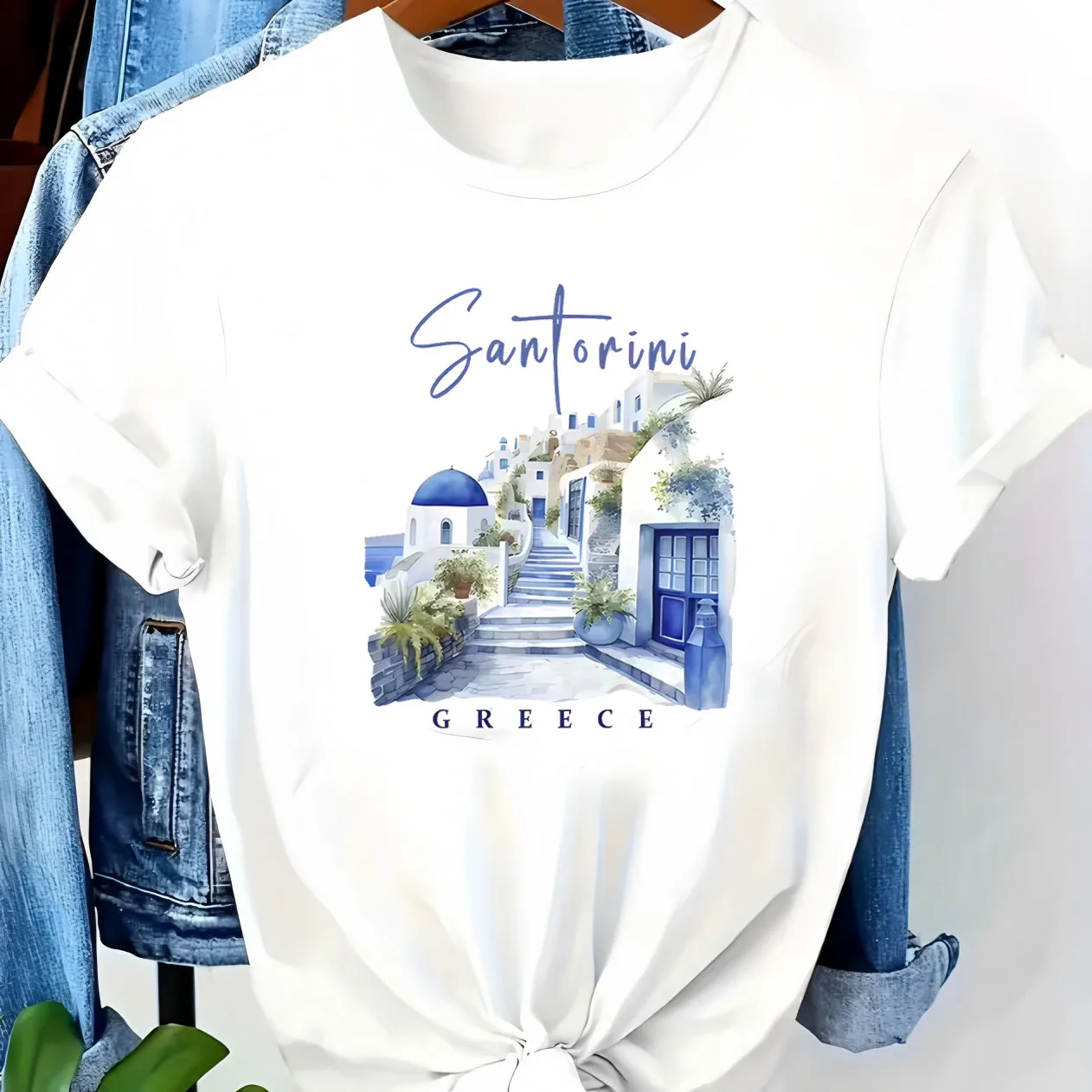 Women Santorini Greece Watercolor Graphic T-Shirt Casual Short Sleeve O-neck Tee Summer Vacation Oia Island Blue Dome Print Tops