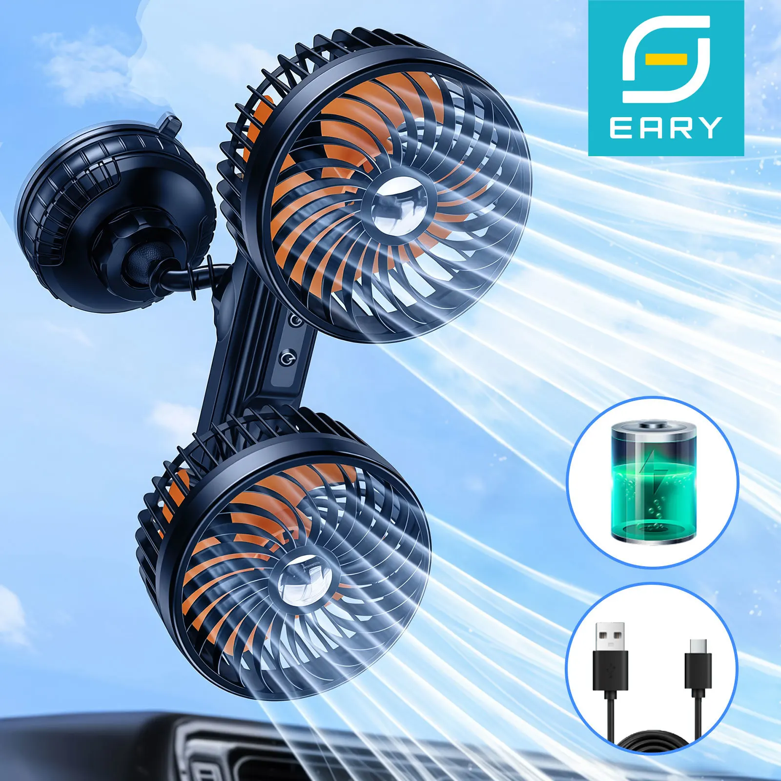 

Eary Car Dual Head Fan With Powerful Suction Cup 4000mAh Battery 3 Speeds Wind Air Cooling Fan Fit For Truck SUV Ventilador Fan