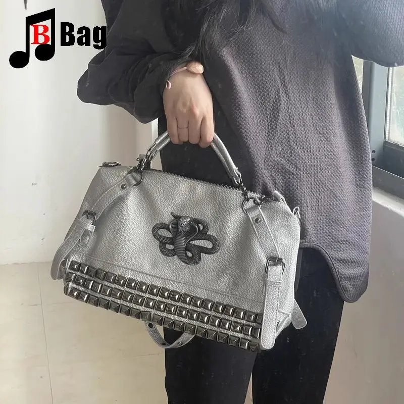 

Y2k Vintage Harajuku Punk Silver Snake Rivet women's Leather Casual Handbag Spice Girl Medium Single Shoulder Crossbody Bag