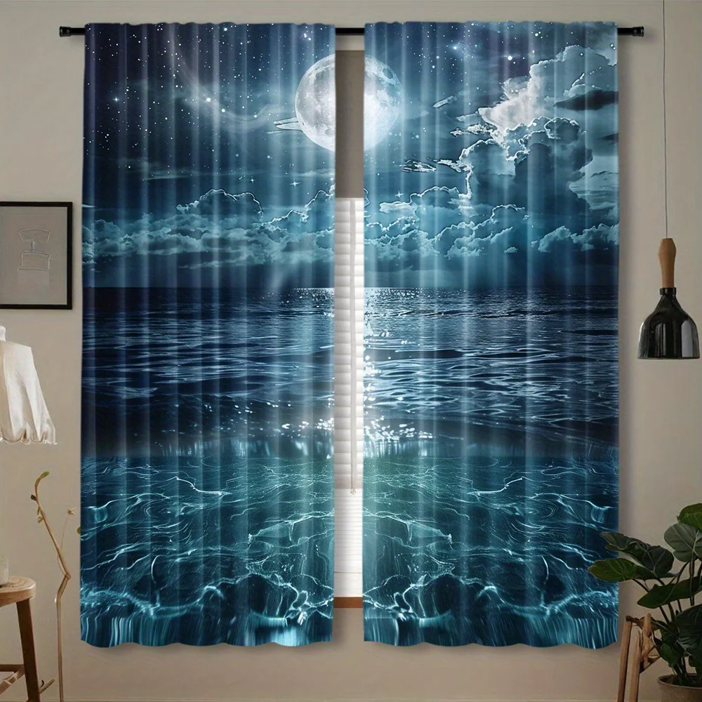 Dark Blue Moon Sea Theme Curtain 2 Panels Glowing Star Cloud Reflecting Water Living Room Curtain Moody Night Retro Home Decor