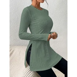 Women's Tees Long Sleeve O-neck Hollowed Out Shirt 2024 Autumn New Solid Patchwork Blouse Elegant Office Lady Tops Blusa Mujer