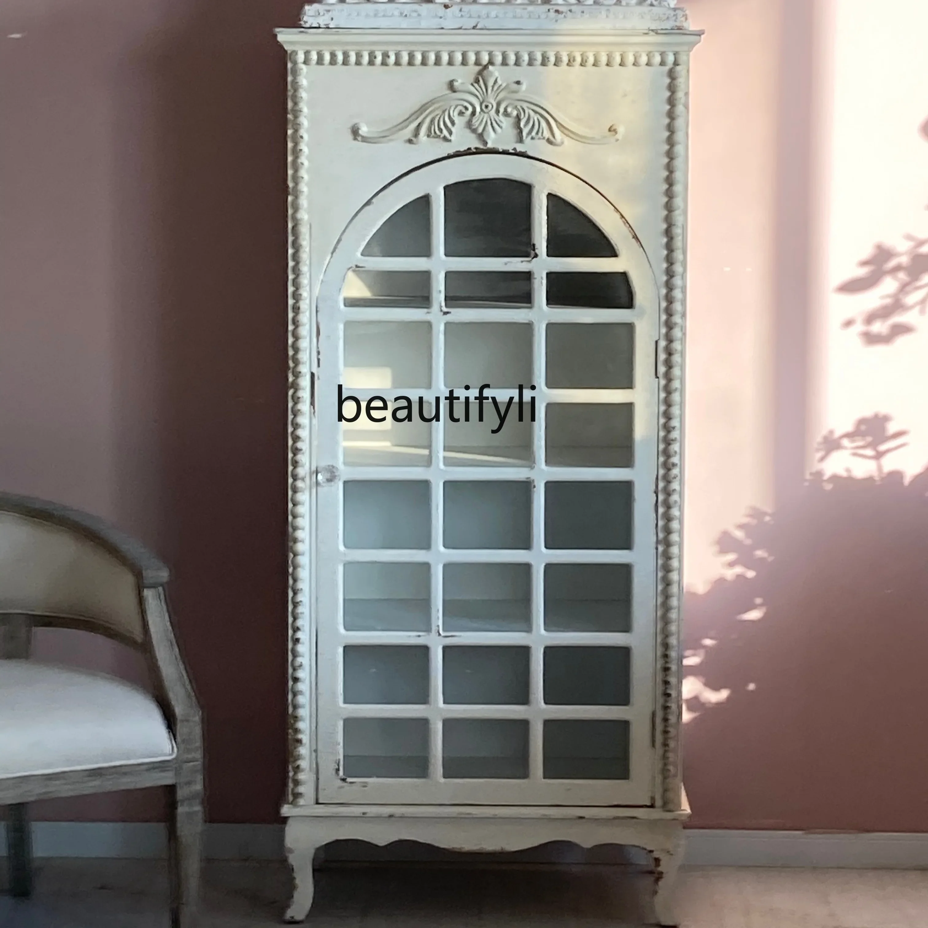 

French retro cabinet cream wind decorative glass door high cabinet entry engraved cabinet