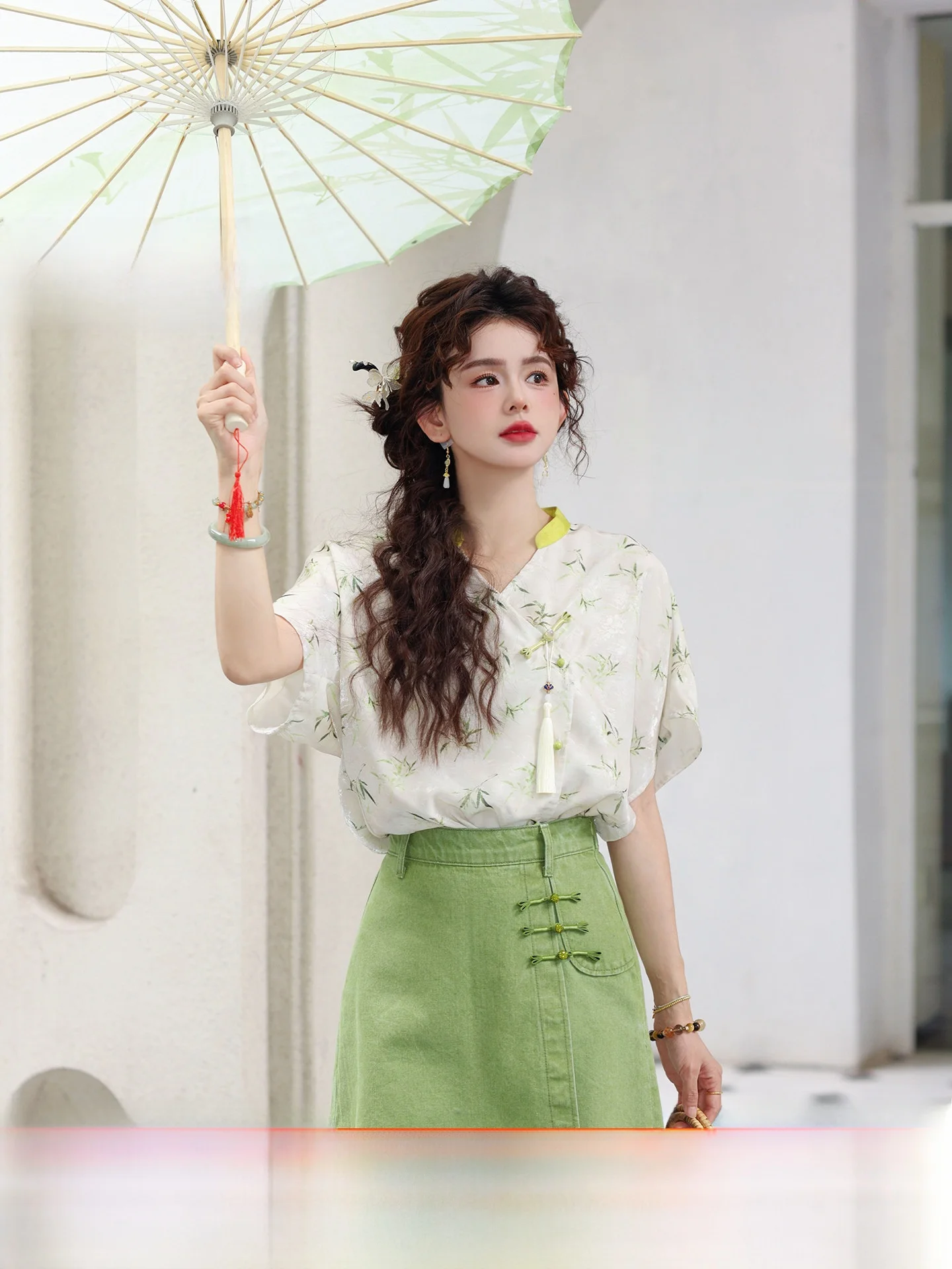 

Новая летняя женская тонкая блузка свободного кроя Chen Jiajie Qingzhu Ye в китайском стиле с воротником-стойкой из полиэфирного волокна