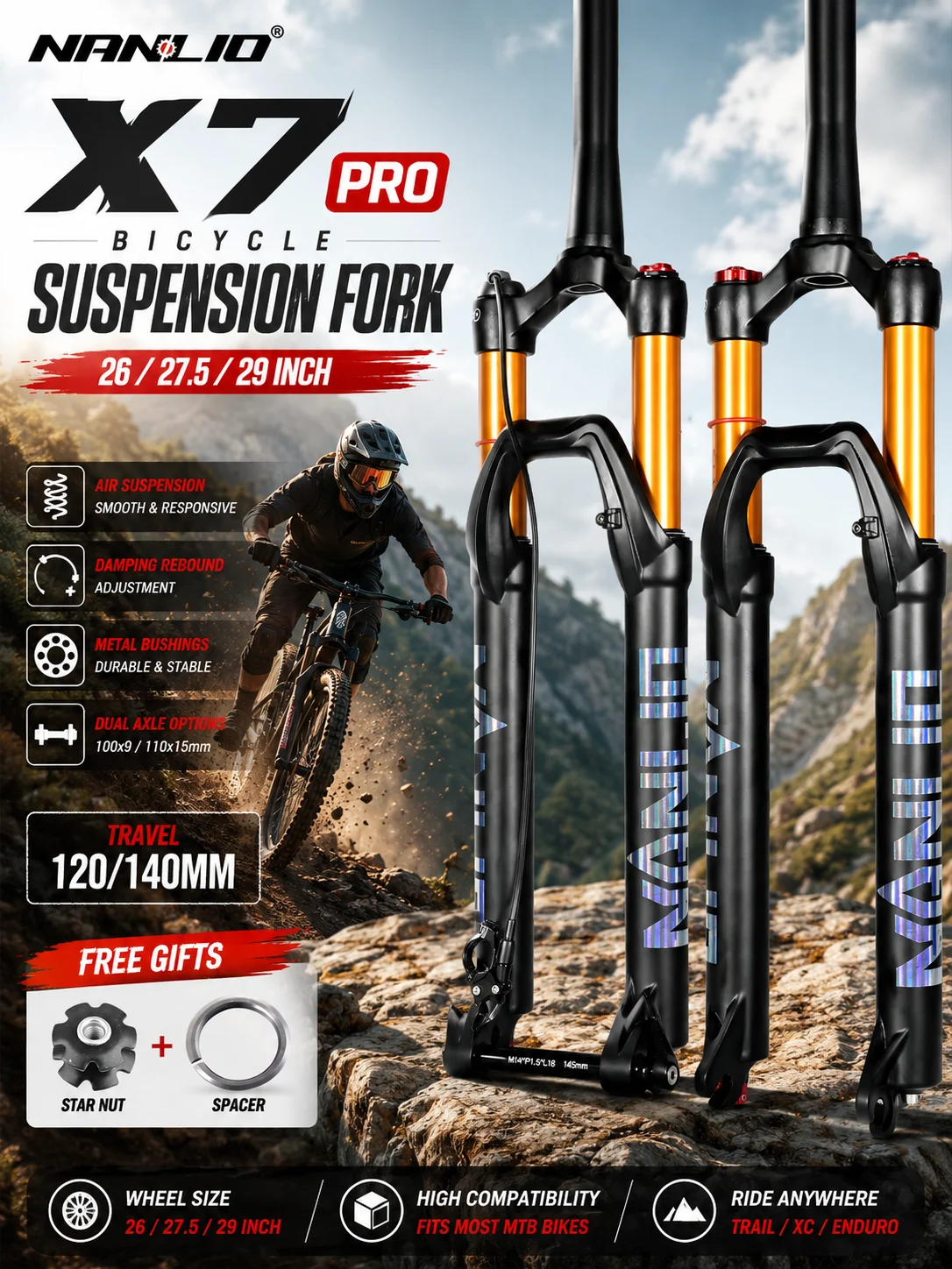 NANLIO X7 PRO MTB Luftfederungsgabel 26 27,5 29 Zoll 120 140mm Federweg mit Rückprall-Einstellung Metallbuchsen Schwarz Gold Fahrradgabel – Detail 1