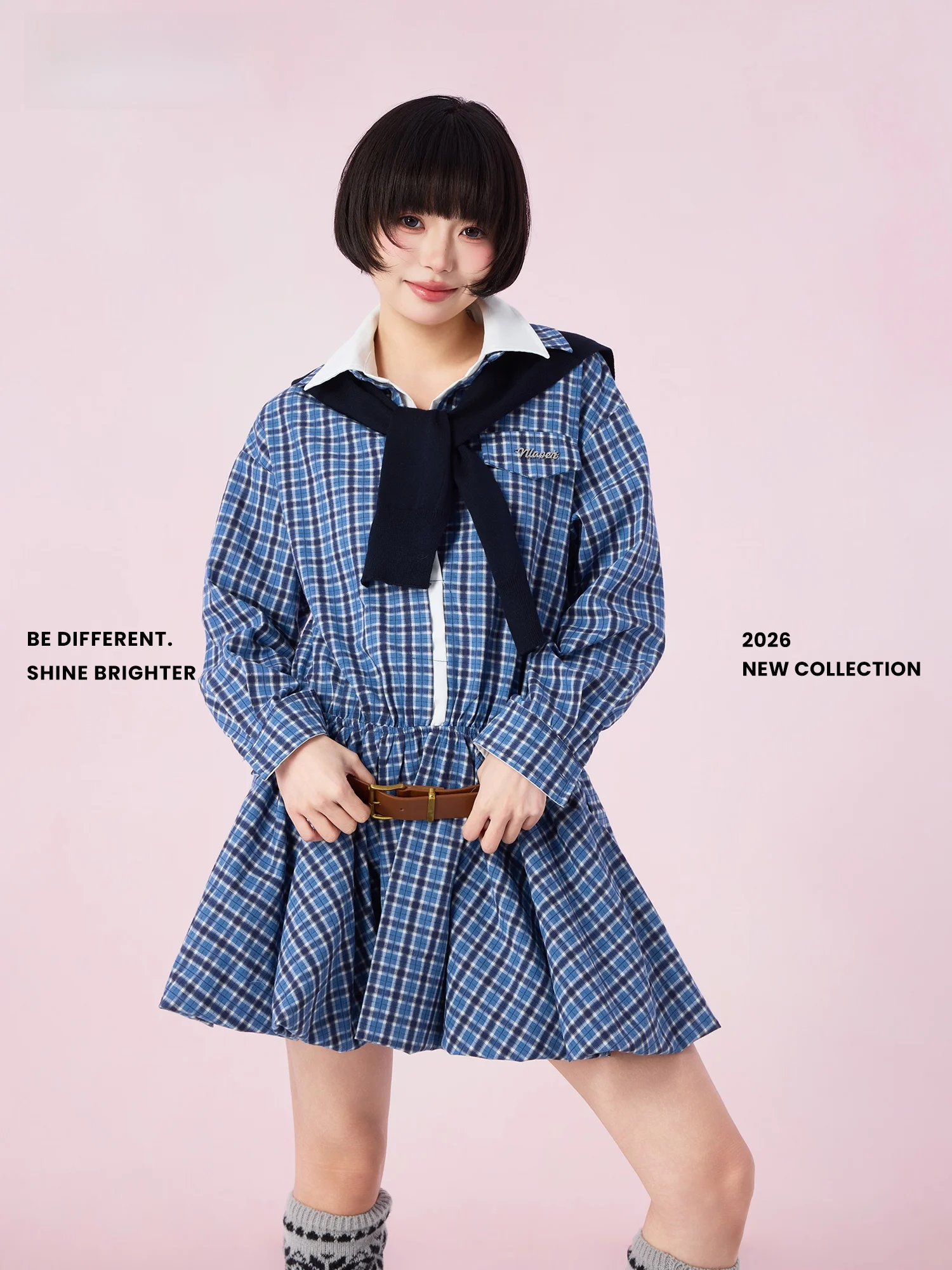 

Didimax Spring New Blue Plaid White irt Dr Casual Sle Long Sve A-Line Skirt Polyester Cotton Blend Ladies Dr