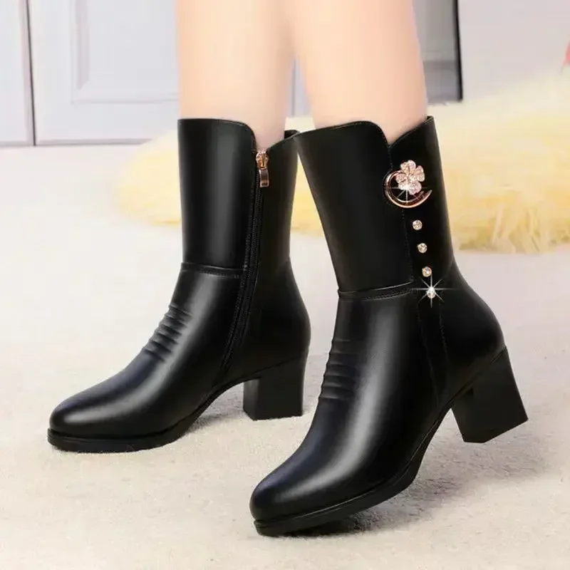 Soft Leather Ankle Boots for Women Spring Winter with Plush Warm Side Zipper Round Toe High Heel Lady Boots Casual Mom Shoes