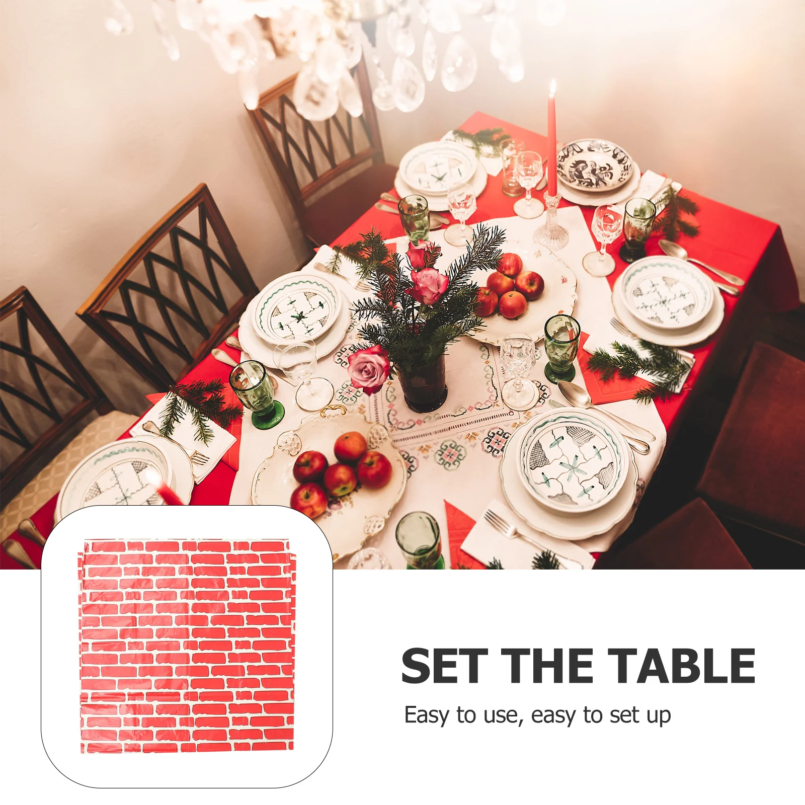 

2pcs Christmas Tablecloth Red Brick Wall Design Pe Waterproof Holiday Party Decoration Family Gathering Winter Celebration Table